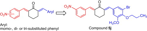 A series of asymmetrical 2,6-bis(benzylidene)cyclohexanones were synthesized as cytotoxic agents. The highest activity against MCF-7 and SK-N-MC cells was achieved by compound 5j (IC50 ≤ 1.51 μg/ml).